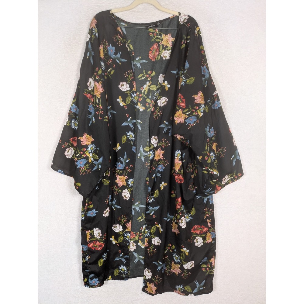 Boohoo Kimono Women's 16 Black Floral Bird Print Open Front Relaxed Boho Duster